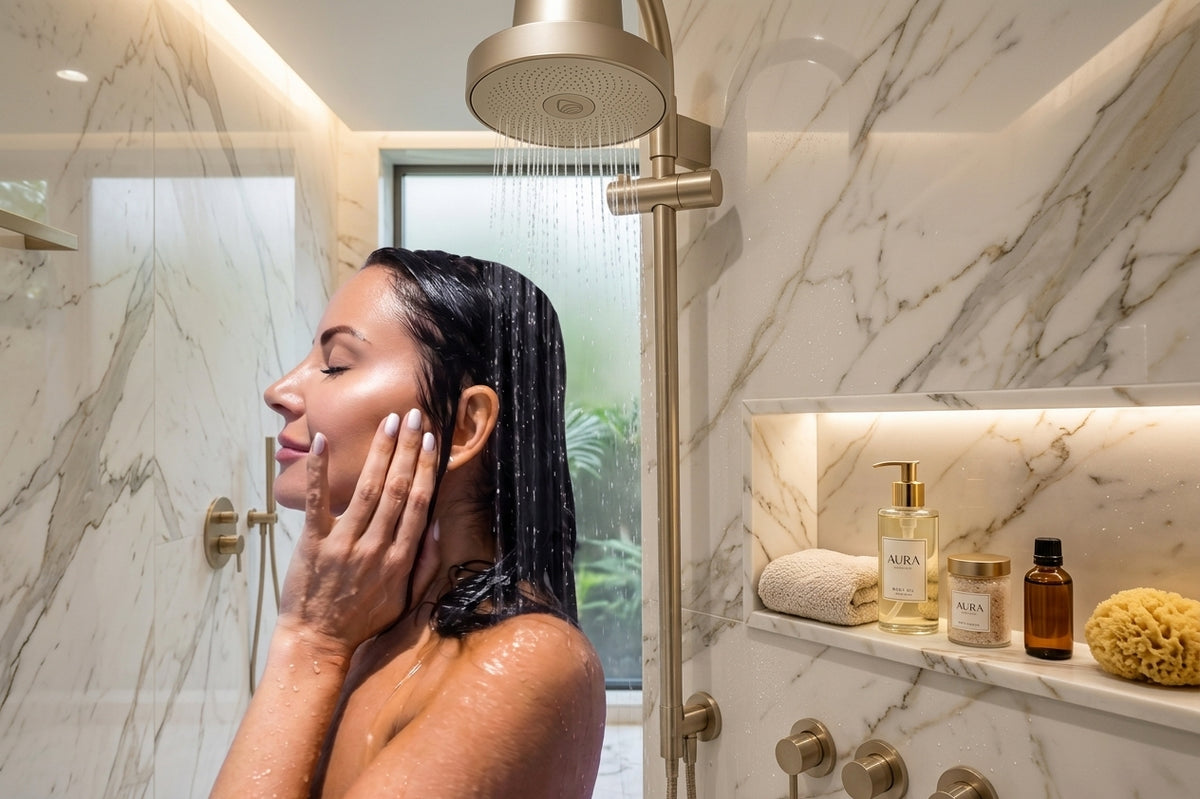 Luxury bathroom with Seefa filtered shower head